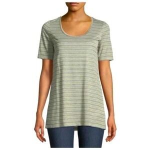 Lafayette 148 New York Grey Heather Multi Gold Striped Sheer Shirt Top Large